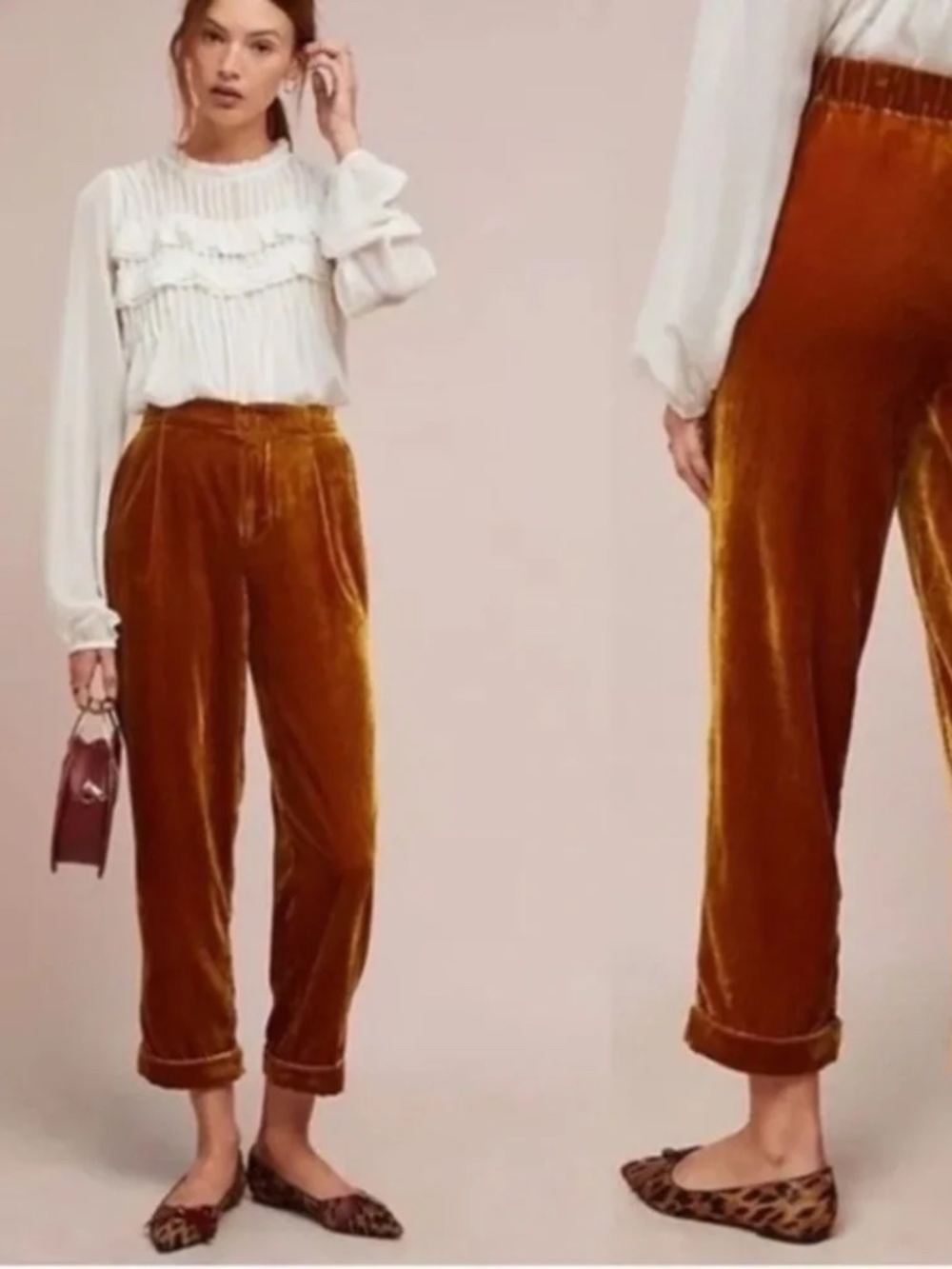 Anthropologie Gold Velvet Cuffed Trousers Pants Size Small - NWT